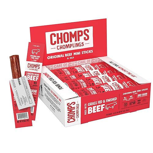 Chomps Snack Size Grass-Fed and Finished Original Beef Jerky Snack Sticks 0.5oz 24-Pack - Keto, Paleo, Whole30, 4g Lean Meat Protein, Gluten-Free, Zero Sugar Food, Non-GMO Chomplings - Original Beef