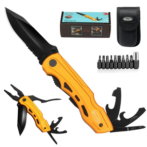 Gifts for Dad Boyfriend Husband Gifts for Him Birthday Gifts Mens Gifts RoverTac Pocket Knife Multitool Folding Knife Pliers Screwdriver Bottle Opener Perfect for Camping Fishing Hiking Adventuring - Gold