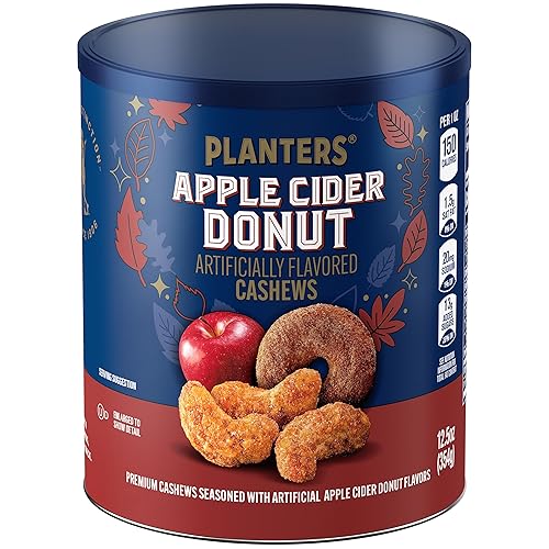 PLANTERS Apple Cider Donut Cashews, Cooking & Baking Nuts & Seeds, Flavored Cashews, Fall Snacks, Cashew, Party Snack, Plant-Based Protein, 12.5 oz Canister - Apple Cider Donut Cashews - 12.5 Ounce (Pack of 1)