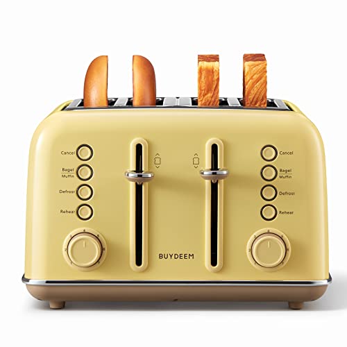 BUYDEEM DT640 4-Slice Toaster, Extra Wide Slots, Retro Stainless Steel with High Lift Lever, Bagel and Muffin Function, Removal Crumb Tray, 7-Shade Settings,Mellow Yellow - 4-Slice - Mellow Yellow
