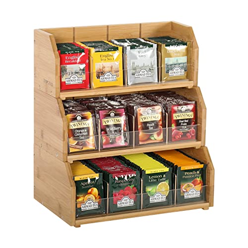 Bamboo Tea Bag Organizer Storage Holder for Tea Bags Stackable Wooden 3 Layer Tea Caddy Box Containers Tea Packet Rack Teabag Shelf Tea Station Stand for Cabinet Countertop Office - 3 Tier