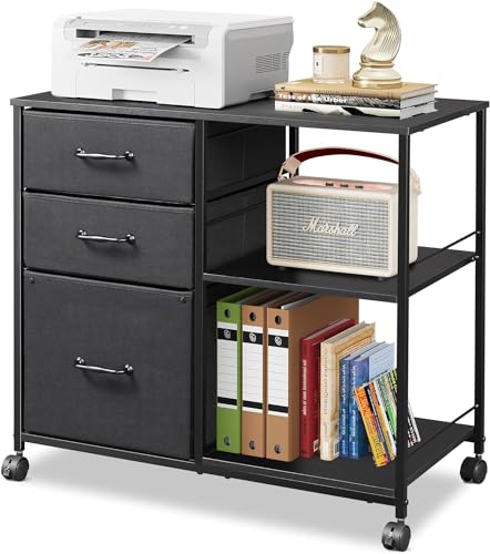 DEVAISE 3 Drawer Mobile File Cabinet, Rolling Printer Stand with Open Storage Shelf, Fabric Lateral Filing Cabinet fits A4 or Letter Size for Home Office, Black - Black