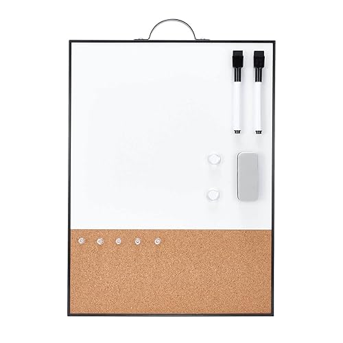 TSJ OFFICE Small Whiteboard Cork-Board - 16" X 12" Portable Aluminum Black Framed Magnetic Dry Erase Board, Small Bulletin Cork Board with Holder for Office, Home and School - Black-corkboard Whiteboard Combo