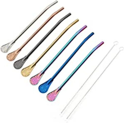 Reusable Straws Spoon for Yerba Mate Stainless Steel Straw Spoon Filter Strainers for Loose Tea, Coffee Stirrers, Smoothie Slushy Straws, 9 Pcs 6 Colors with 2 Cleaner Brushes