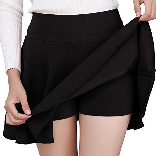 DJT FASHION Women's Casual Stretchy Flared Pleated Mini Skater Skirt with Shorts - Large - Black