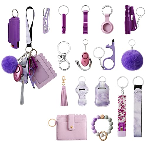 Tasmtto Safety Keychain for Women Set- Wristlet Strap Keychain with Personal Alarm and Pom Pom Accessories Kit… - Purple Keychain Set