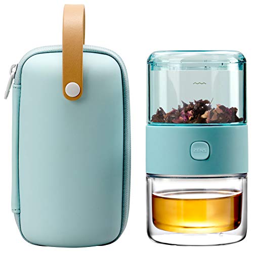 ZENS Modern Small Travel Glass Tea Infuser Teapot, 3-in-1 Smart One Touch Tea Maker for Loose Leaf Tea Steeper, Solo Simple Gong Fu Tea Strainer with Insulated Tea Cup for Hot Tea Diffuser, Tea Gifts - 1-Mint Green