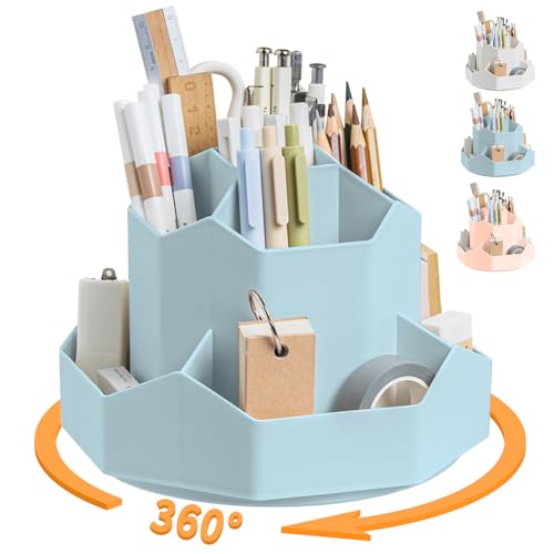 Pencil Pen Holder for Desk,9 Slots 360 Degree Rotating Desk Organizers,Desktop Storage Stationery Supplies Organizer, Cute Pencil Cup Pot For Office, School, Home(Blue) - Blue