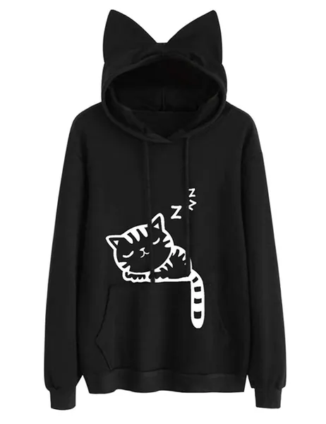 Lziizl Women Girl Hoodies Cute Cat Ear Novelty Printed Pullover Sweatshirt