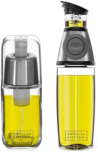 DWËLLZA KITCHEN Olive Oil Dispenser Bottle & Olive Oil Sprayer For Cooking - Glass 2 In 1 Oil Dispenser And Oil Sprayer - 17 Oz Cooking Oil Dispenser For Kitchen With Measurements & 6 Oz Spray Bottle - Silver - Black