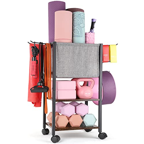 Yoga Mat Storage Rack Home Gym Equipment Workout Equipment Storage Organizer Yoga Mat Holder for Yoga Block,Foam Roller,Resistance Band,Dumbbell,Kettlebell and More Gym Accessories Gym Essentials Women Men Fitness Exercise Equipment Organization with Hooks Wheels - Black