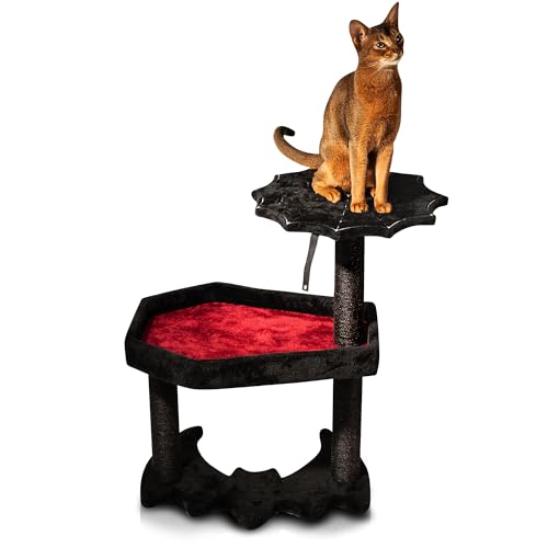 Gothic Cat Tree with Coffin Cat Bed & Spooky Cat Toys - Spooky cat Tree for Halloween cat (Large) Black and Red - Large - Black and Red