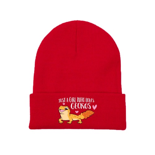 Girl Who Loves Geckos Leopard Lizard Cute Red Beanie Adults Unisex Men Womens Kids Cuffed Plain Skull Knit Hat Cap - 