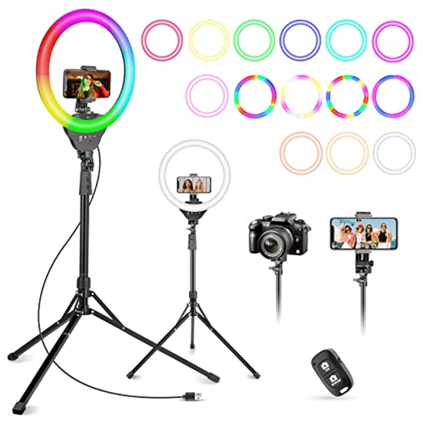 Aureday 12" Selfie Ring Light with Stand and Phone Holder, 15 Color RGB Ring Light with 62" Tripod, Dimmable LED Ringlight for Phone Photography, Live Stream, Creative Videos - RGB Light