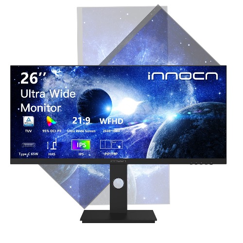 INNOCN 26-Inch Ultrawide Screen Monitor 21:9 Computer 2560 x 1080P 60Hz Type-C DisplayPort HDMI 2.0 PC Monitor with Adaptive Sync, Height/Pivot Adjustable, Mountable, Black - 26C1F