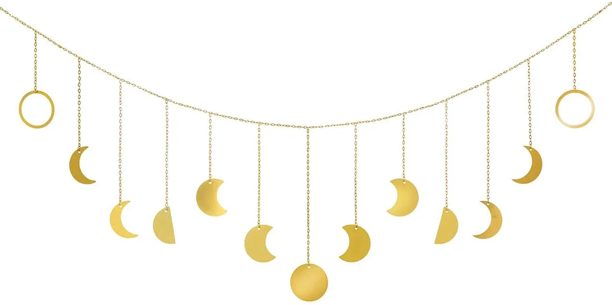 Mkouo Moon Phase Wall Hanging Gold Moon Garland Decor Boho Home Decoration Shining Moon Hang Art Ornaments for Bedroom Headboard Living Room Dorm Nursery Apartment Office, 140cm