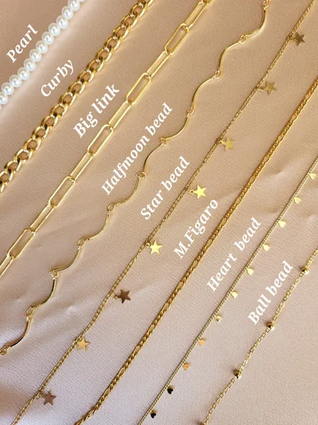 18K GOLD Filled Adjustable Waterproof Chain,For Mom ,Best Gift, Curby,Ball Bead, FreshPearl,Heart Bead,Medium Figaro,Star Bead