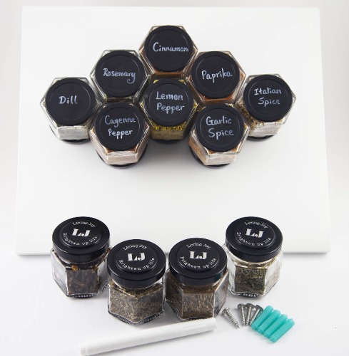 12 x 3.4oz Strong Magnetic Spice Jars Glass Empty, Spice Jars with Rewritable Bottom(12 Bottles)Chalk Pen and Wall Mount Steel Board all included, to Create Your Own Spice Rack