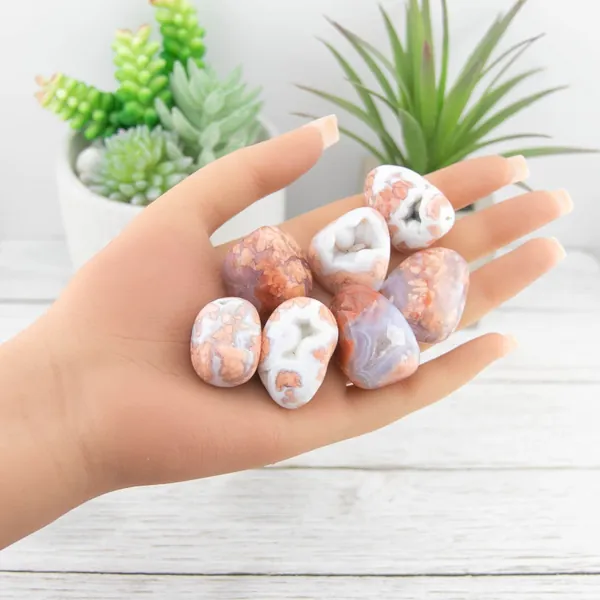 Pink Agate Tumble Stone, Natural Sugar Druzy Plume Apricot Agate Polished Tumbles, Pocket Size Lace Peach Cotton Candy Crystal