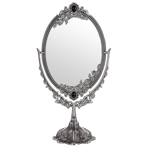 JUXYES Metal Tabletop Antique Decorative Makeup Mirror with Stand, Vintage Swivel Double Sided Cosmetic Mirror with Frame, Retro Desktop Oval Dressing Mirror for Bathroom Bedroom - 15"L x 7"W - Silver