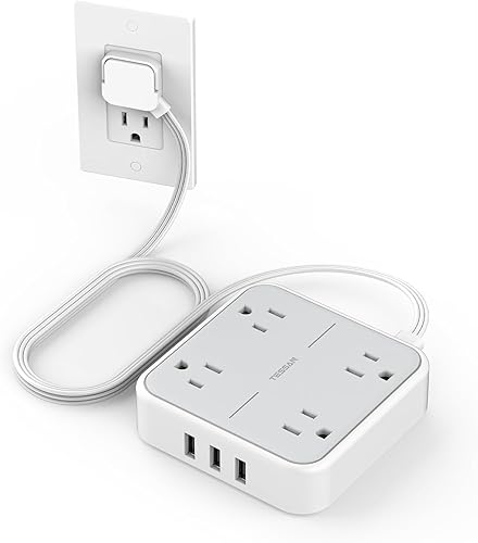 Flat Plug Surge Protector Power Bar, TESSAN 5 ft Extension Cord Indoor with 4 Outlets and 3 USB Ports, Desktop Power Strip, Mountable Charging Station for Home Office Dorm Travel - 5 Feet