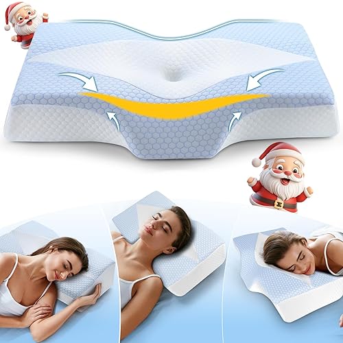 Mkicesky Cervical Support Pillow for Neck Pain Relief, Ergonomic Memory Foam Neck Pillow for Shoulder Pain, Orthopedic Contour Pillow for Sleeping Neck Support, Back Side Sleeper Pillow - Blue+white(ice Silk)
