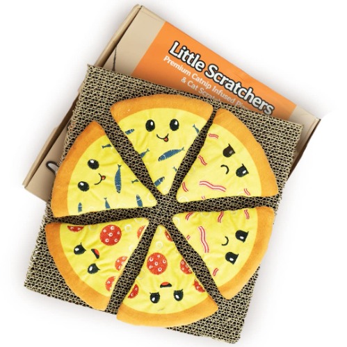 Little Scratchers Pizza Cat Toys (Large) - 6 Pizza Catnip Toys & Thick Cardboard Cat Scratcher Pad - Cute Cat Toys, Funny Cat Toys, Kitten Toys for Indoor Cats, Cat Gifts, Cat Presents, Gifts for Cats - 