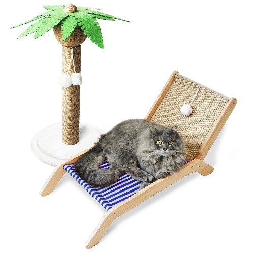 PETKARAY Cat Hammock with Scratching Post, Original Beach Chair Cat Bed and Coconut Tree Cat Scratcher, Cat Furniture for Small Cats and Kittens - Combo Pack Blue