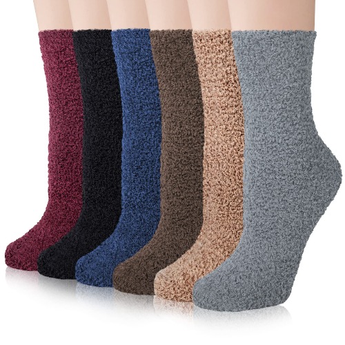 YSense Wear 6 Pairs Women Fuzzy Fluffy Cozy Slipper Socks Warm Soft Winter Plush Home Sleeping Socks - Style B - Black/Grey/Khaki