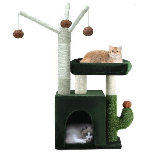 BYPASS Cactus Cat Tree, Small Cat Tower for Indoor Cats with Sisal Scratching Post, Large Top Perch, Private Condo and 3 Removable Pompom Sticks with Dangling Bell Ball for Kittens/ Small Cats - 29.13" (Green)