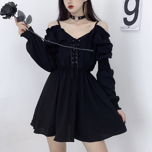 Gothic Black Off-Shoulder Lace Up Mini Dress - Black / XL (Bust 108 cm)
