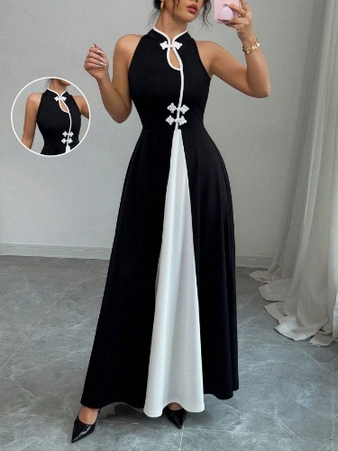 SHEIN Raffinéa Elegant Black Cheongsam-Collar Sleeveless Hollow-Out Buttons High Split Colorblock Maxi Dress For Women, Spring/Summer