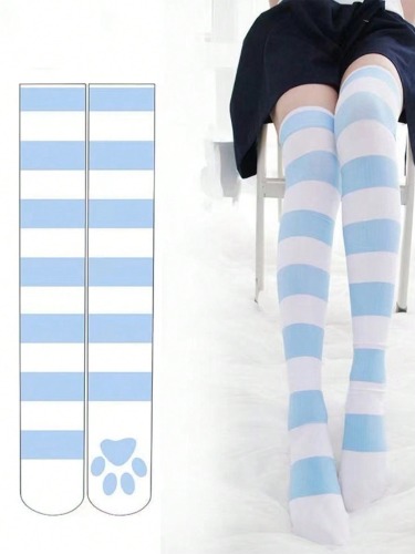 1 Pair Striped Knee-High Over-The-Knee Socks For Women, Girls, Cosplay, Lolita, Punk, Jk Style
