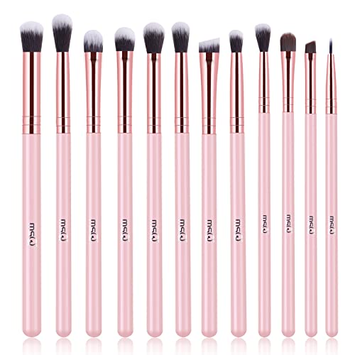 MSQ Eye Makeup Brushes 12pcs Eyeshadow Makeup Brushes Set with Soft Synthetic Hairs & Real Wood Handle for Eyeshadow, Eyebrow, Eyeliner, Blending (Pink) - Pink