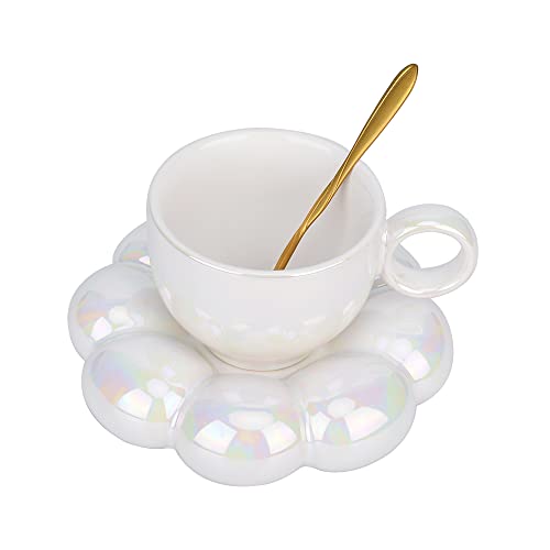 Flower Coffee Mug,Ceramic Cloud Coffee Cup and Saucer Set ,Cute Mug with Flower Spoon,Kawaii Tea mug with Sunflower dish, Latte Cups 6.7oz/200ml for Office and Home for women Girls (Pearl White) - Pearl White