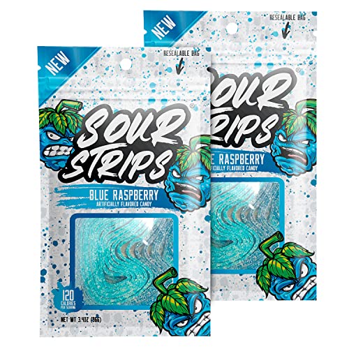 Sour Strips Raspberry Flavored Sour Candy Strips, Deliciously Sour Chewy Candy Belts, Vegetarian Candies, 12 Strips per Pack, 2 Pack - Blue Raspberry (2 Pack)