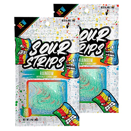 Sour Strips Rainbow Flavored Sour Candy Strips | Deliciously Sour Chewy Candy Belts | Vegetarian Candies, 12 Strips per Pack, 2 Pack - Rainbow (2 Pack)