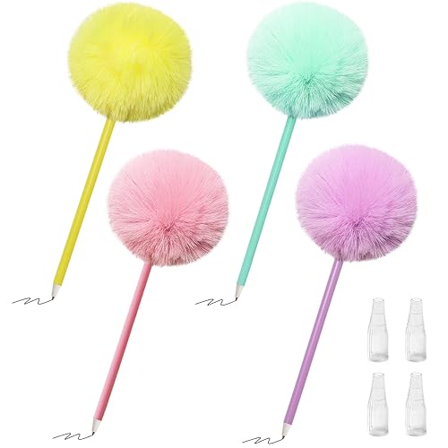 SBYURE 4 Pack Pom Pom Pens Fluffy Ballpoint Pen Cute Pens for Girls Fuzzy Pens for School Office,Blue Ink,Pink,Puple,Yellow,Green