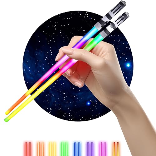 LIGHTSABER CHOPSTICKS LIGHT UP STAR WARS LED Glowing Light Saber Chop Sticks REUSABLE Sushi Lightup Sabers - 8 COLOR MODES 1 Pair - Clear Tips - 10x0.37