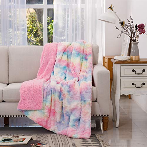 COCOPLAY W Faux Fur Throw Blanket, Super Soft Fuzzy Lightweight Luxurious Cozy Warm Fluffy Plush Sherpa Rose Pink Rainbow Microfiber Blanket for Bed Couch Living Room (Pink Rose, Throw(50"x65")) - Multicolor - Throw(50"x65")