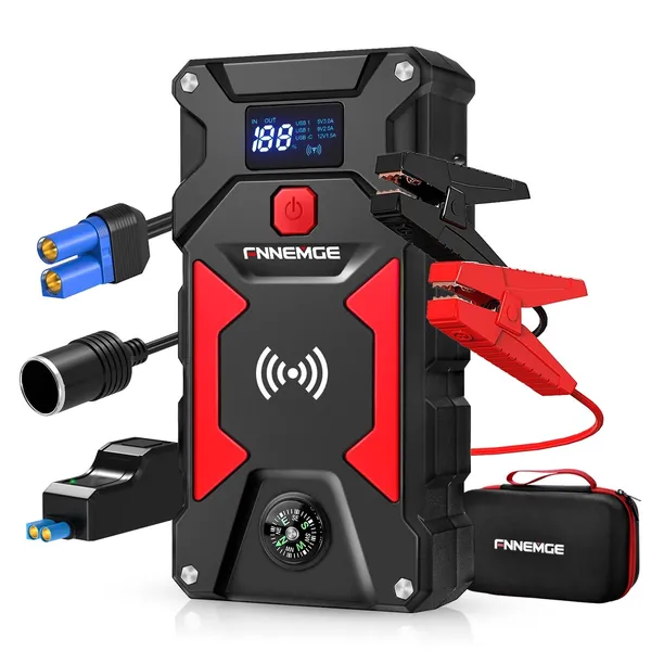 FNNEMGE Car Jump Starter 2500A Peak 24800mAh 12V Super Safe Jump Starter(Up to All Gas, 8.0L Diesel Engine), with 10W Wireless Charger Power Bank, with Smart Jumper Cable, USB Quick Charge 3.0 (2500A/24800mAh)