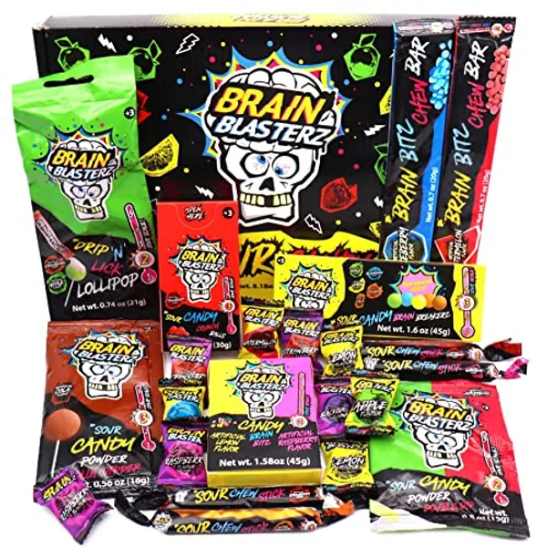 Sour Candy Small Gift Box by Brain Blasterz | Now with Level 5 | Hard Sour Candy, Sour Chew Bar, Lollipop, Sour Powder | Birthday, Easter Candy | 22 pieces, 13oz