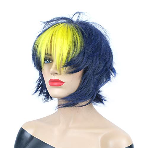 onemily Short Straight Layered Heat Resistant Fiber Synthetic Wigs for Cosplay Party Costume (Blue Yellow) - Blue Yellow