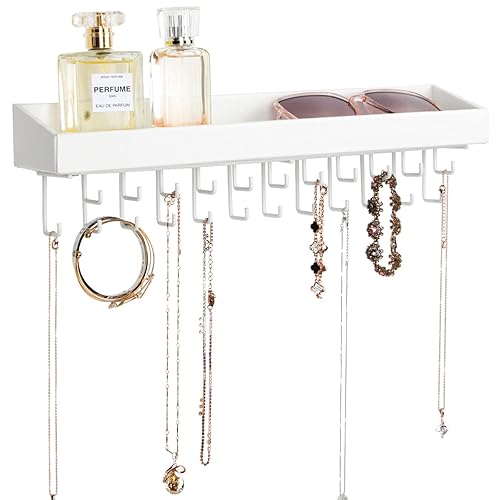 Jewelry Organizer Necklace Holder with 23 Hooks, Wall Mounted Necklaces Bracelet Earrings Ring Holder Hanger with Shelf for Perfume Aesthetic Room Decor (White, 14.37 x 2.95 x 3.86 inches) - MK208C - Type2 (White)