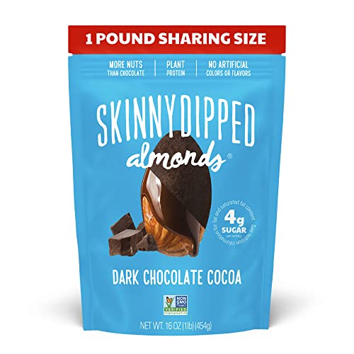SkinnyDipped Dark Chocolate Cocoa Almonds, Healthy Snack, Plant Protein, Gluten Free, 1lb Resealable Bag, Pack of 1 - Cocoa - 16 Ounce (Pack of 1)
