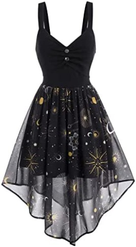 FEAPHY Women's Vintage Chiffon Sun Moon Star Sleeveless A-Line High Low Dress - Galaxy-black XX-Large