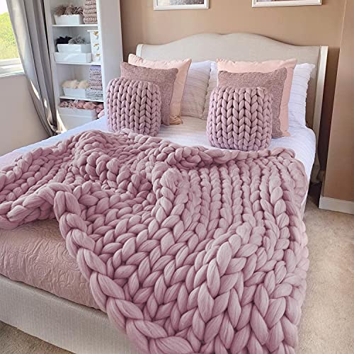 Ganlinia Chunky Knit Blanket Merino Wool Blend Giant Yarn Soft Cable Knitted Throw Handmade Home Decorate, Grey Pink, 50"x60" - Grey Pink - 50"x60"（Standard Size）