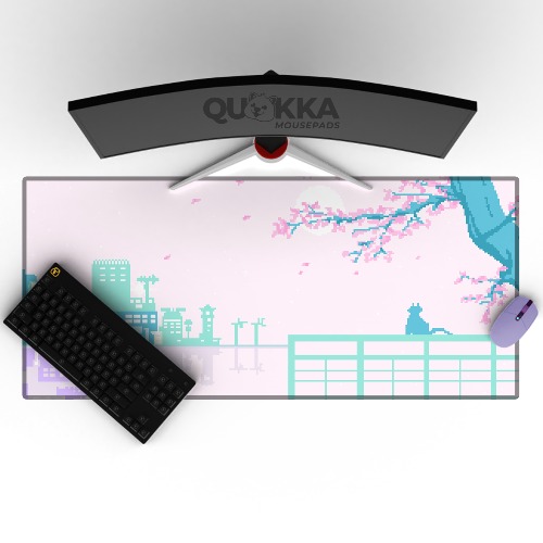 Pixel Cherry Blossom Scenery Design Mousepad Deskmat - 90x40cm / 4mm / Colour Stitched