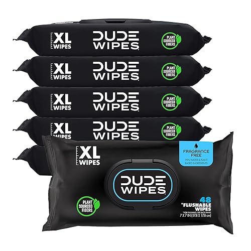 DUDE Wipes - Flushable Wipes - 6 Pack, 288 Wipes - Unscented Extra-Large Adult Wet Wipes - Vitamin-E & Aloe - Septic and Sewer Safe - Fragrance Free - 48 Count (Pack of 6)