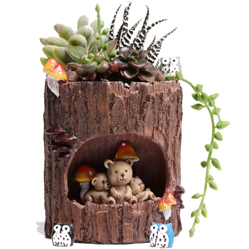 Succulent Pot Cute Pots Animal Bear 4 inch Planter Planters Plants Large with Drainage Hole Tree Stump Garden Indoor Room Desk Ornaments Decor Pen Holder Gift for Kids Cactus Faux Flower